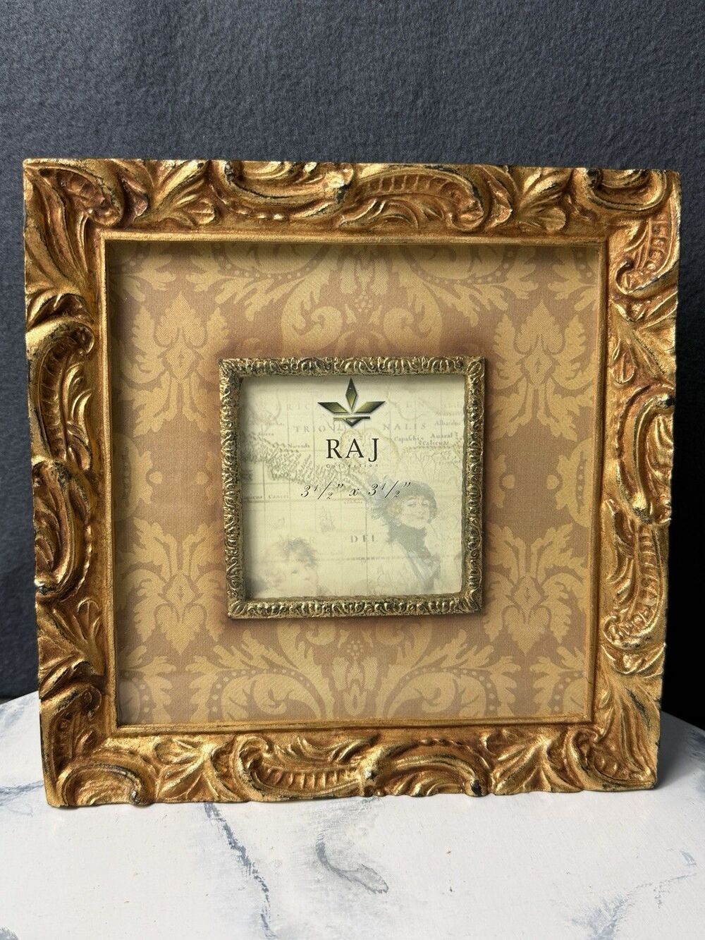 Vintage Raj Collection Ornate Gold Scroll Heavy Resin Picture Frame 3.5x3.5" Pic